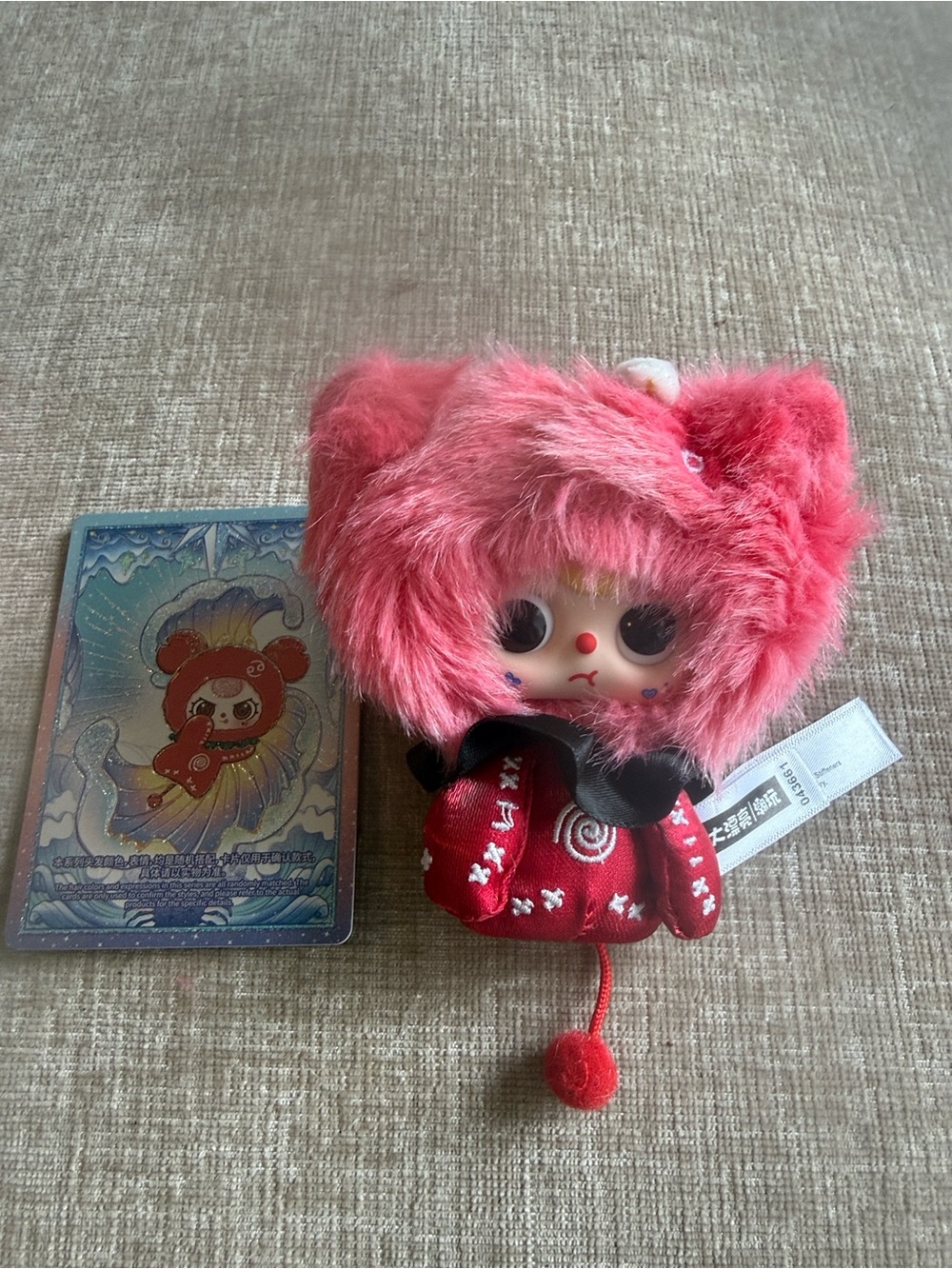 Pink Furry Character Doll Keychain with Red Outfit